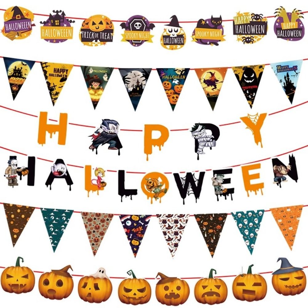 Banner de papel de feliz Halloween, colgante decorativo, bandera triangular, calabaza/fantasma/bruja/Carta, 3,5 M
